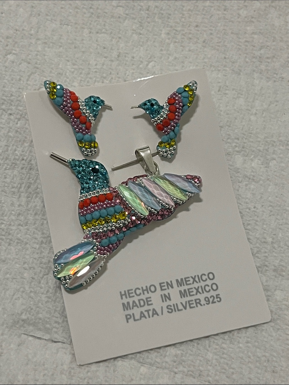 Colorful Hummingbird Silver Pendant and Earring Set - Multicolor
